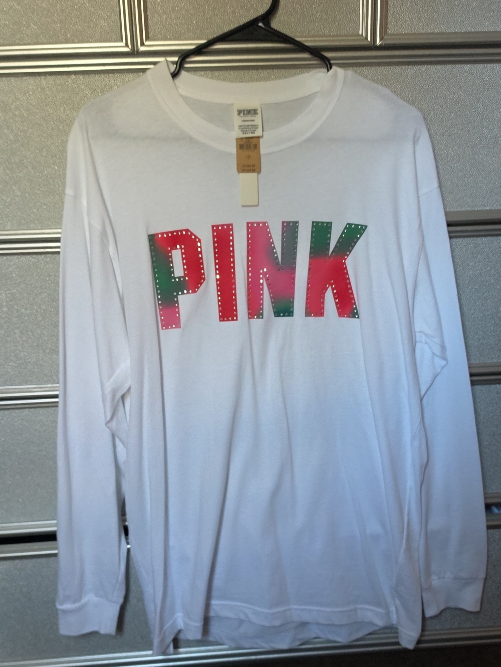 PINK Victoria's Secret White Long Sleeve Tee with Pink & Green Logo